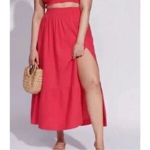 Abercrombie & Fitch High Rise Pink Linen Blend Midi Tiered Skirt